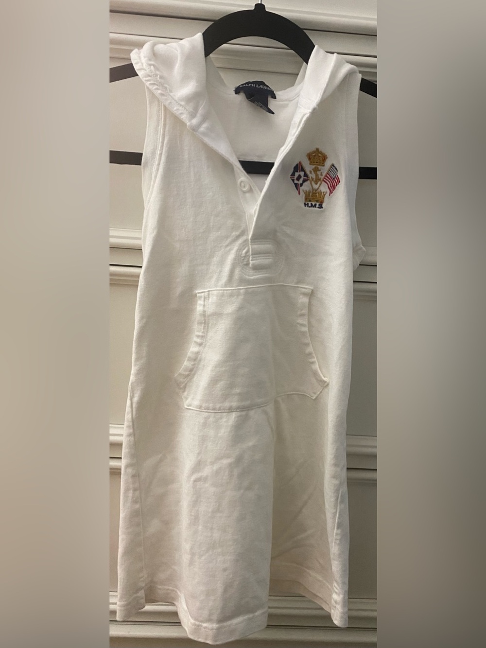 Ralph Lauren Girls White Sleeveless Hooded Nautical Crest Polo Dress 6X